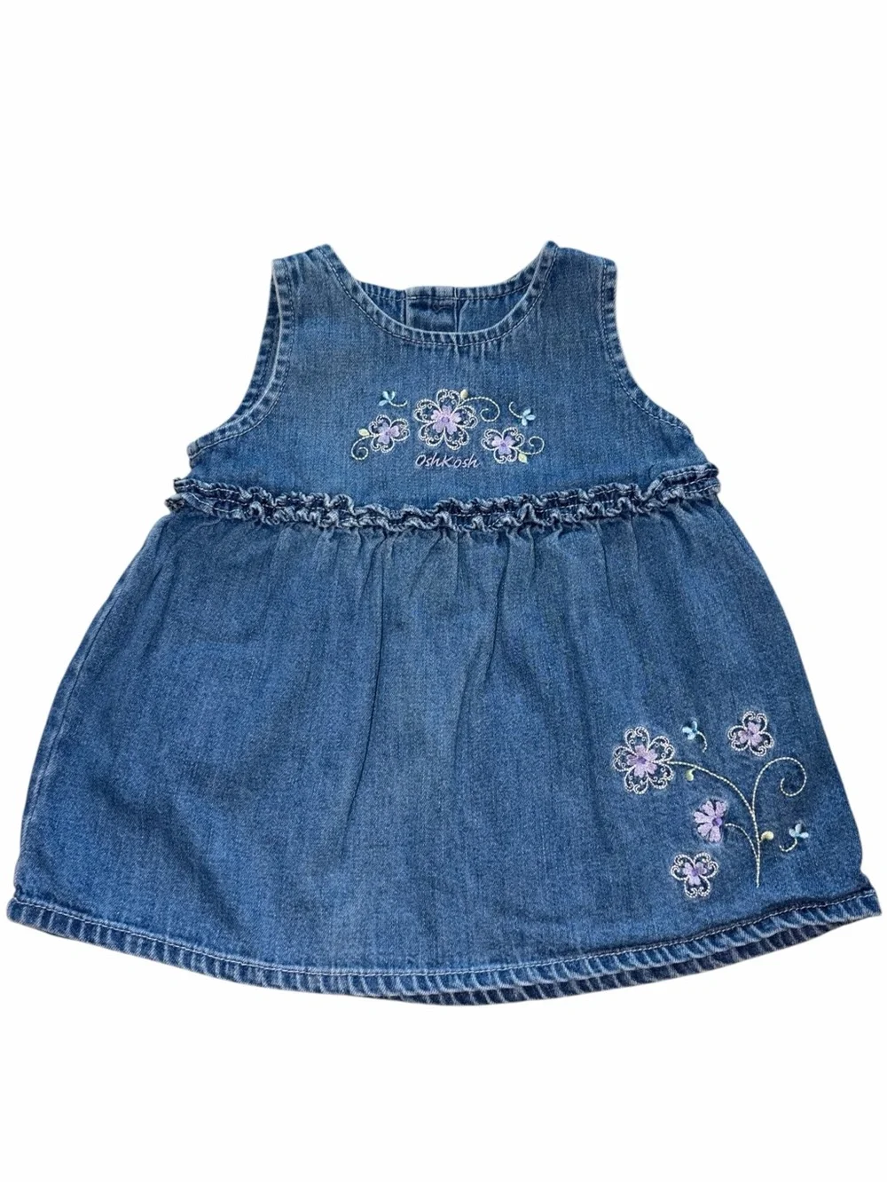 EUC Vintage 90s Oshkosh B’gosh Denim Floral Embroidered Baby Dress 3-6m Cottage
